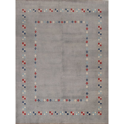 Tapis gris en laine noué à la main de conception unique 8 pi 1 po x 9 pi 8 po