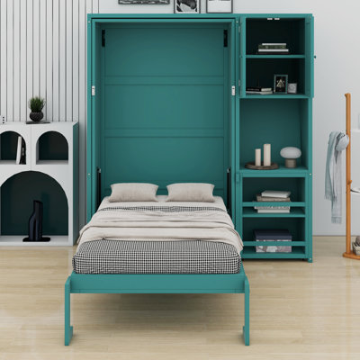 Lit escamotable avec tablettes, casier supérieur, bureau et tablettes latérales