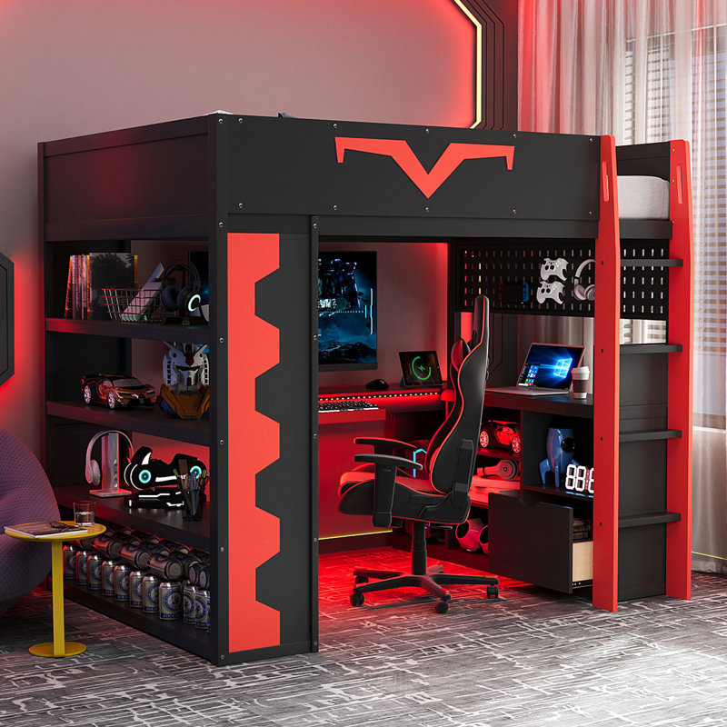 Lit mezzanine pleine grandeur avec bureau intégré, lumières à DEL, prise de courant, grande bibliothèque, plateau à clavier et tiroir de rangement, couleur rouge, idéal pour les joueurs contrôlés, et un tiroir avec une configuration complète