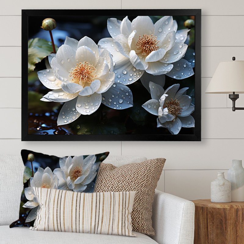 " White Yellow Lotus Field VI ", Cadre simple noir, H 16 po x l 32 po x P 1 po
