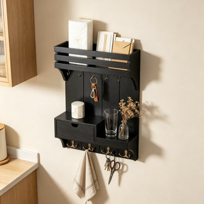 Farmhouse Key Holder Wall Mount, Decorative Mail Organizer with 9 Key Hooks, Mini Drawer, and Shelf, Rustic Wooden Entryway Organizer for Keys, Mail, and Small Essentials