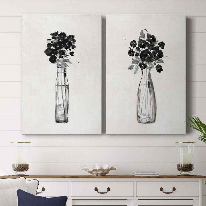 Toile tendue avec motif floral noir et blanc I-Premium - prêt à accrocher, H 27 po x l 36 po