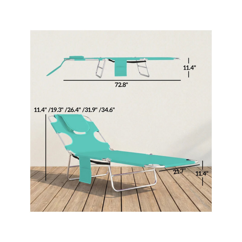 Portable No-Assembly Folding Recliner Lounge, 72.8in Light Green Silver, 5-Position Backrest, 264lbs Capacity, Light Green