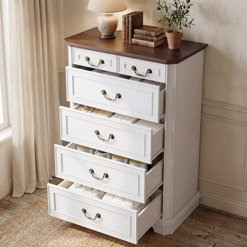 Commode 6 tiroirs Vintage, commode en bois de 46 po de hauteur pour chambre à coucher avec poignée en métal, Brun / Blanc