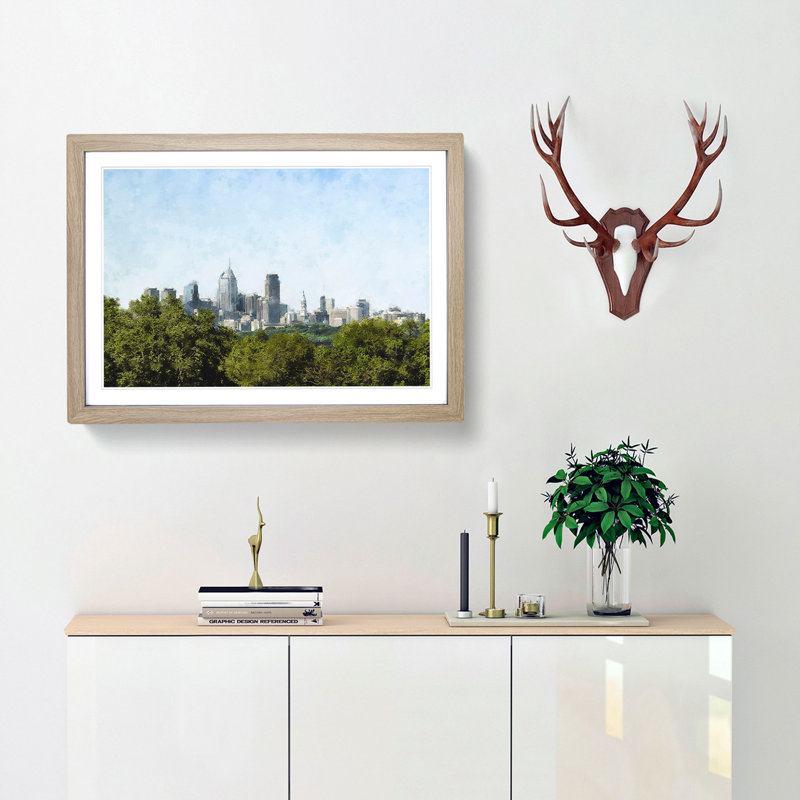 Philadelphia Skyline - Picture Frame Graphic Art Print, 62cm H x 87cm W x 2cm D, Oak