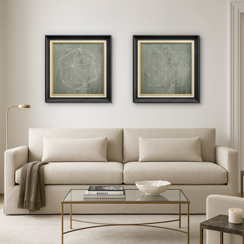 Green Geometric Polygons Abstract Shapes Framed On Canvas 2 Pieces Set, 26" H x 26" W, Black Gallery Frame