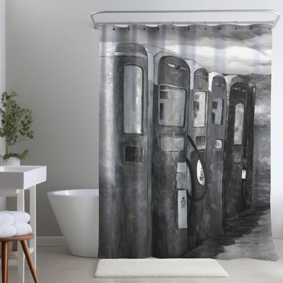 Old Gas Pumps – Monochrome Livingroom – Polyester Shower Curtain, Dye Sublimation Print, 71" W × 74" L