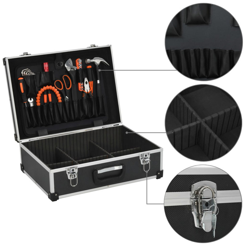Black Aluminum Tool Suitcase with Multiple Compartments and Pockets