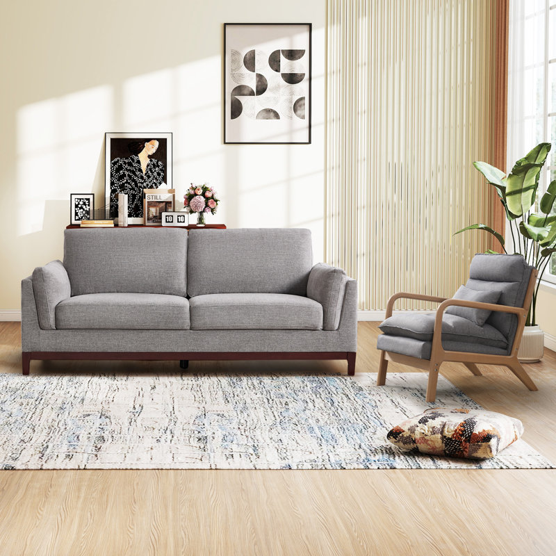 Ensemble 2 pièces de canapé rembourré moderne en lin de 79,1 po avec des pieds en bois et un coussin lombaire, Gris