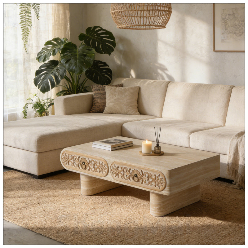 Table basse à bord arrondi avec tiroir en bois massif à motif floral, pour petits espaces et décor moderne
