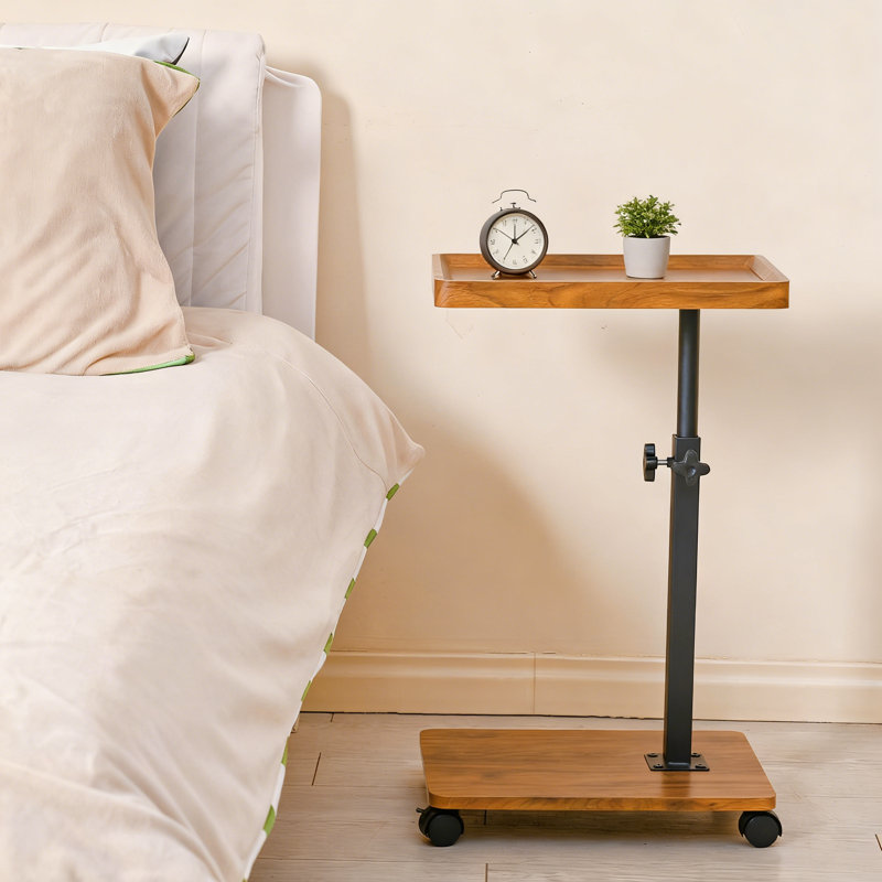 Table de bout en forme de C à hauteur réglable avec plateau pivotant à 360 ° et roulettes verrouillables, table d'appoint multifonctionnelle pour le salon, la chambre à coucher et la salle de bain