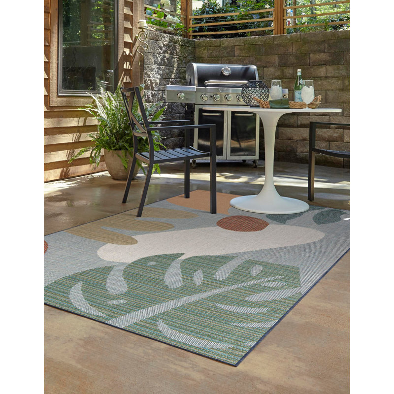 Tapis intérieur / extérieur bleu en polypropylène tissé à la machine Kiersten, Rectangle 9 pi x 12 pi