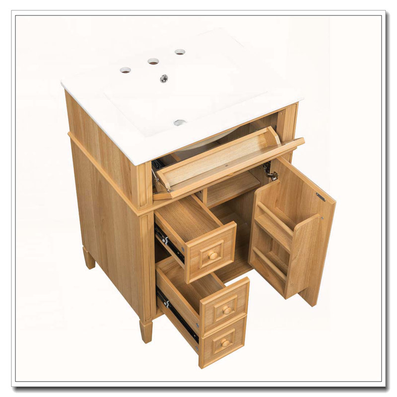 Meuble-lavabo en bois massif de 24 po avec tiroir rabattable et fermeture en douceur, Naturel, 24"