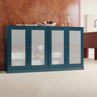 Buffet 100% bois massif 64 po avec portes en verre givré, 4 tiroirs et tablettes réglables