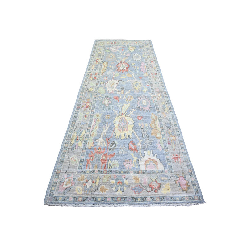 Tapis de couloir large bleu en laine noué à la main 4 pi 1 po x 11 pi 7 po Angora 3FAE6BE387134B1DB56A290F48188761