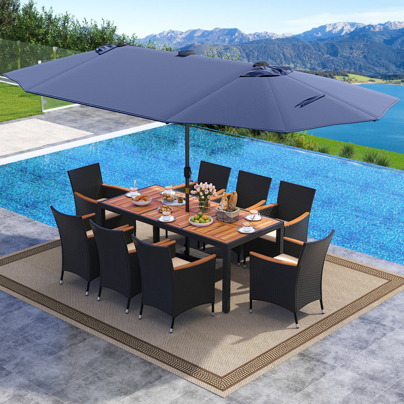 Ensemble de 11 ensembles de salle à manger de patio avec parasol double face de 15 pieds (base incluse) bleu marine, Beige