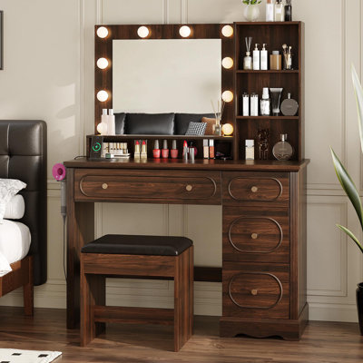 Meuble-lavabo en noyer de 42 po avec miroir, lumières et station de charge