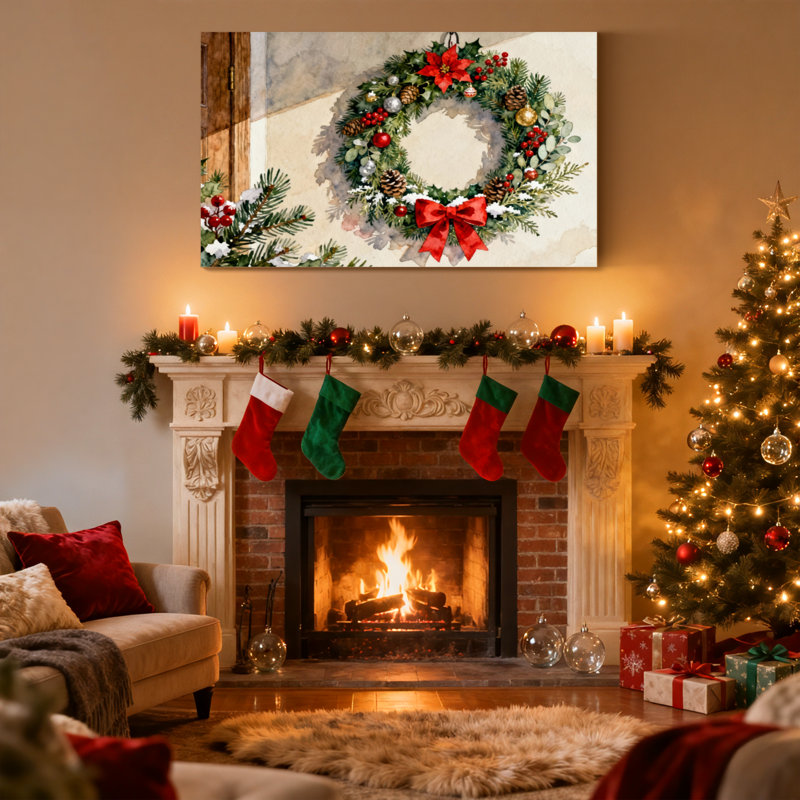Couronne de Noël de Noël avec un arc rouge et des pommes de pin, ensemble de 3 impressions sur toile, H 12 po x l 18 po
