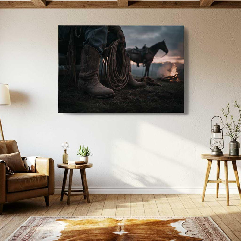 Art mural rustique, bottes de cowboy - scène de feu de camp dans un ranch de l'Ouest, H 20 po x l 30 po