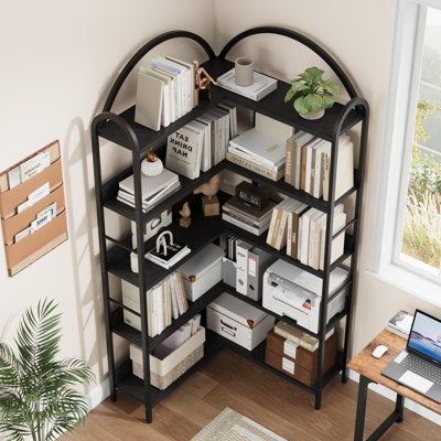 Corner Bookshelf Industrial Bookcase, L Shaped Bookshelf Arched 5 Tier Corner Shelf, Large Bookshelf with Metal Frame, Etagere Shelf Corner Display Ra