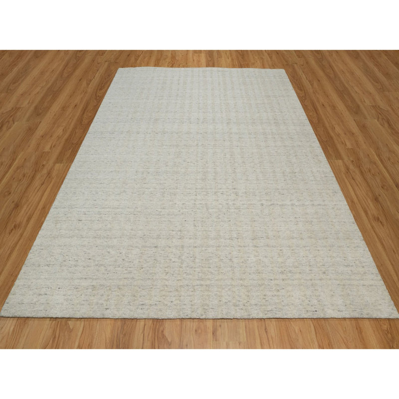 Tapis oriental en laine naturelle non teint de 8 pi 1 po x 10 pi blanc tissé à la main avec rayures verticales avec effet sel et poivre