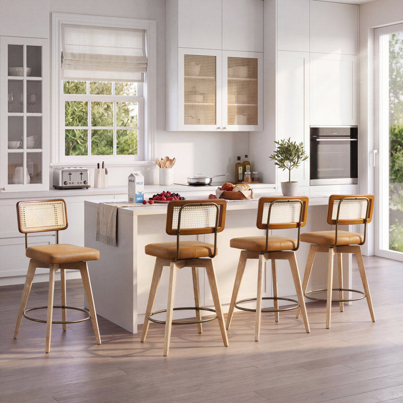 Tabouret de comptoir pivotant de style moderne Mid-Century de 26,2 po Anandi avec dossier en rotin de canne et structure en bois massif