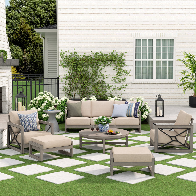 Marindo 5 Person Aluminum Patio Conversation Set With Round Coffee Table, Ottomans And Sunbrella® Cushions