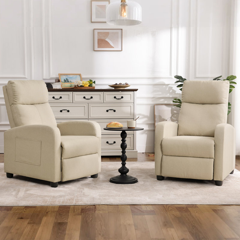 27" Wide Upholstered Manual Push Back Recliner With Side Pocket (Set Of 2), Beige Linen Blend