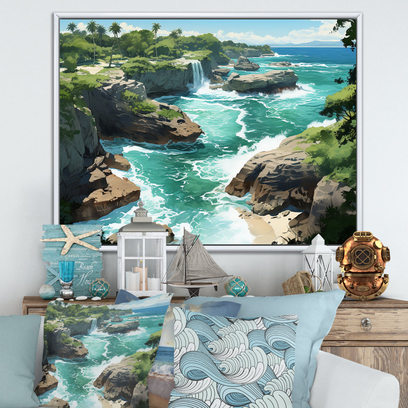 Vue aérienne côtière de l'île, sérénité, art mural tropical côtier, Cadre flottant blanc, H 34 po x l 44 po x P 1,5 po