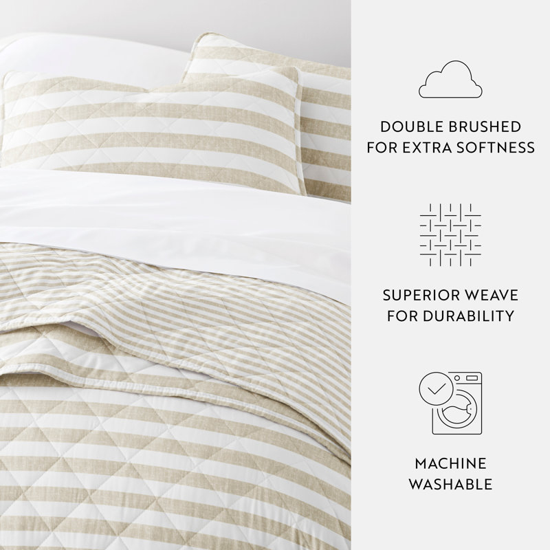 Natural Beige and White Striped Microfiber Full Quilt Set