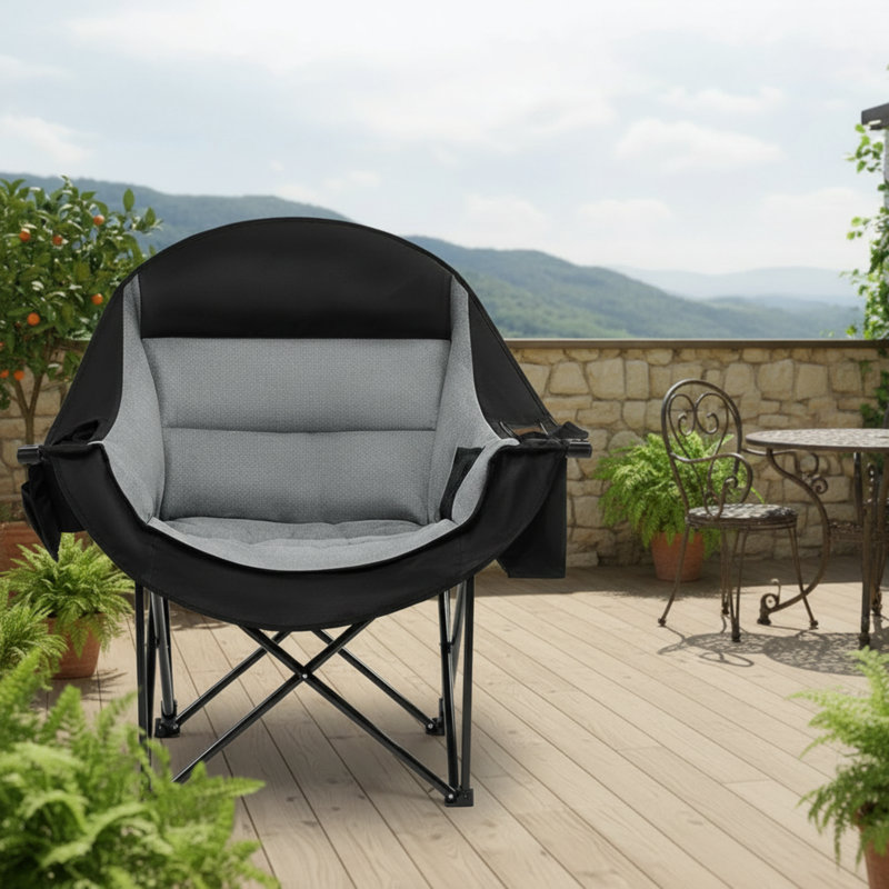 Black Adult Extra-Large XL Camping Chair, Thickened Folding Design With Cup Holder And Cooler Bag, 500 Lb Load Capacity, Suitable For Outdoor Beach Fishing.