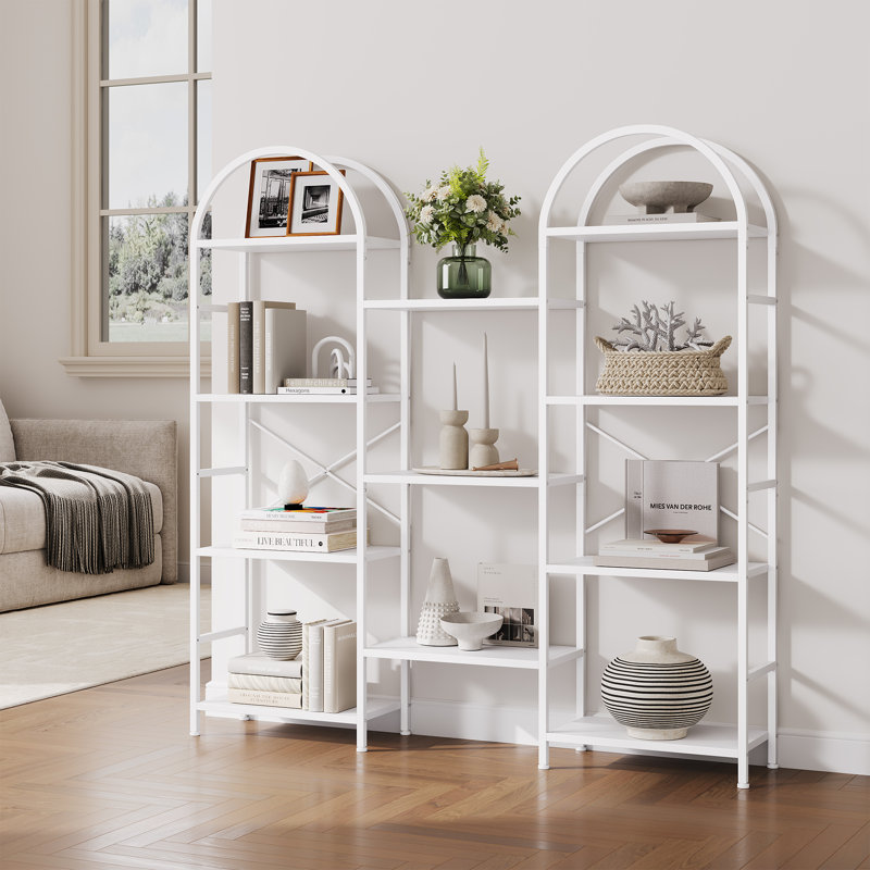4 Tier Arched Triple Column Bookshelf, Industrial Metal Frame Open Display Storage Shelf for Living Room Home Office, Brown