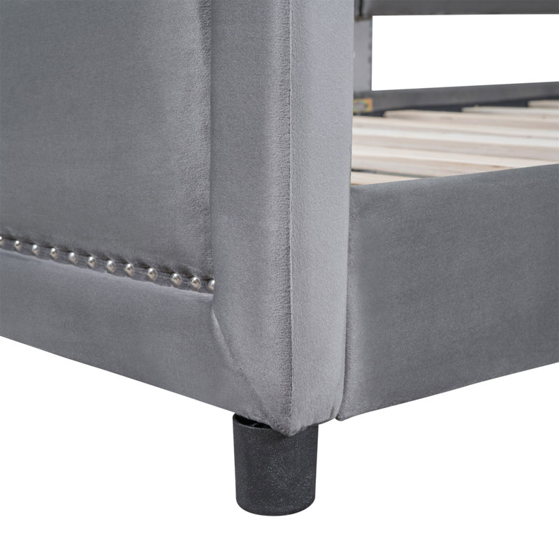 Lit de jour simple rembourré avec tête de lit à rayures classique, Gris