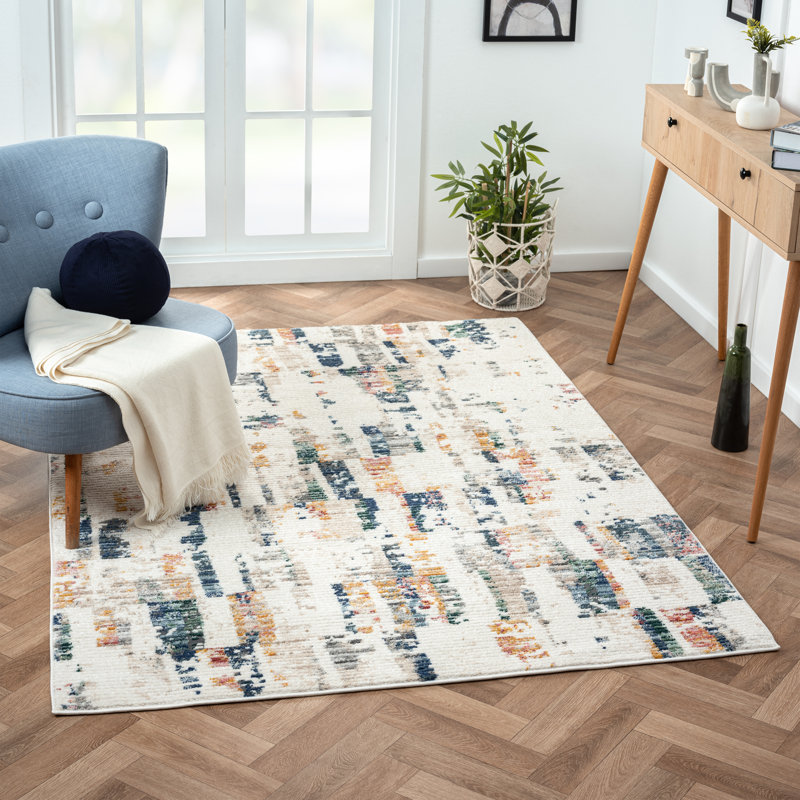 Abstract Ivory/Blue/Gray High-Low Area Rug, Rectangle 5' x 7'