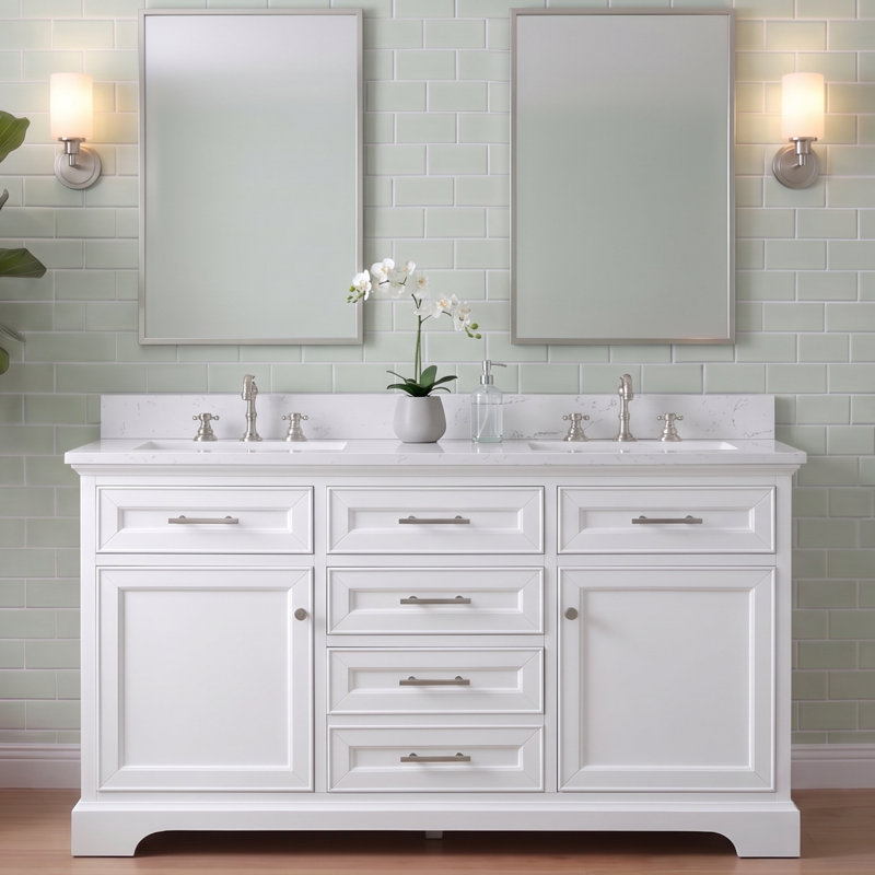 Thompson 60" W Double Vanity, White/Brushed Nickel