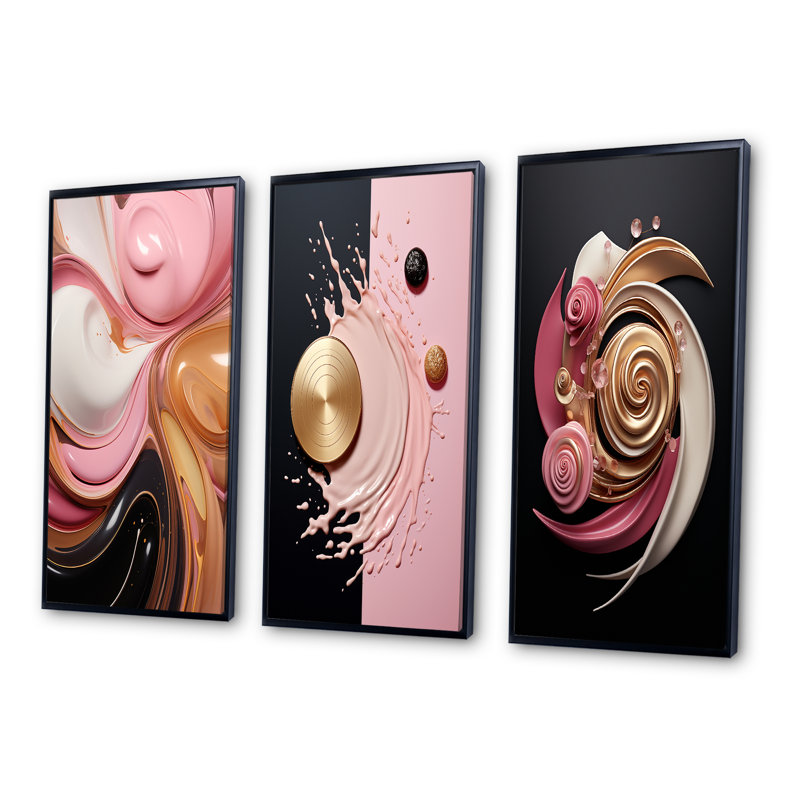 3 pièces sur toile - Retro Glam, art liquide minimal, rose, blanc, noir I, Cadre flottant noir, H 20 po x l 36 po