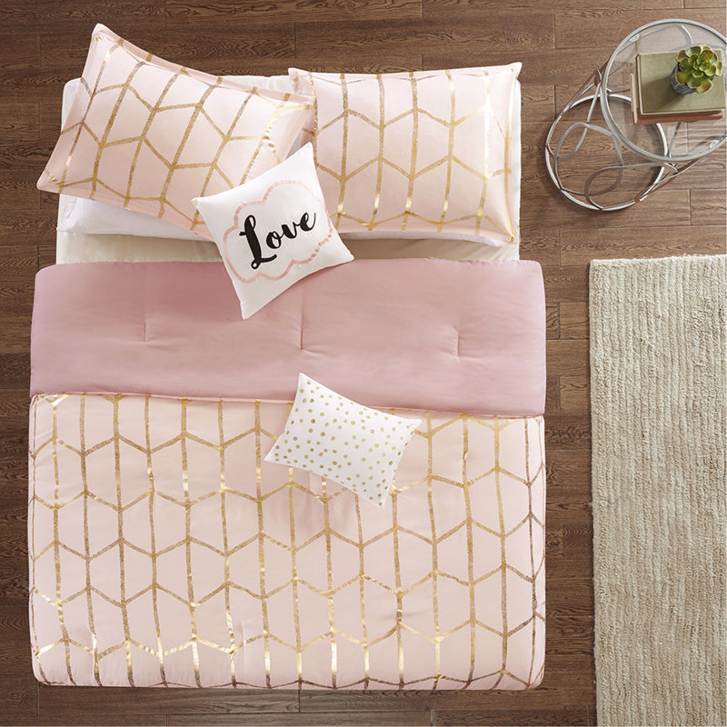 King Metallic Printed Comforter Set, Blush/Gold, King Comforter  + 4 Additional Pieces
