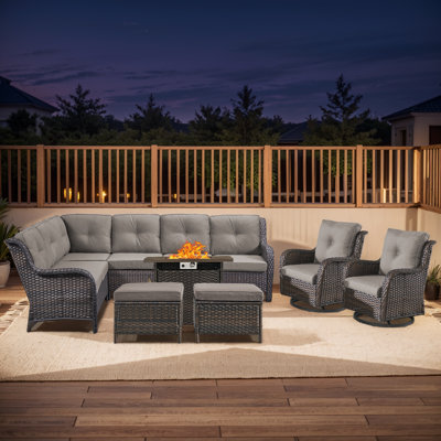 Carolina Wicker 7 - Person Patio Conversation Sets With Cushions And Fire Pit