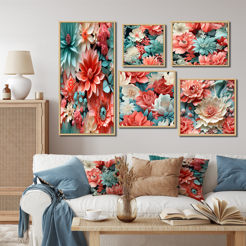 Ensemble de 5 impressions sur toiles tropicales, Cadre flottant brun