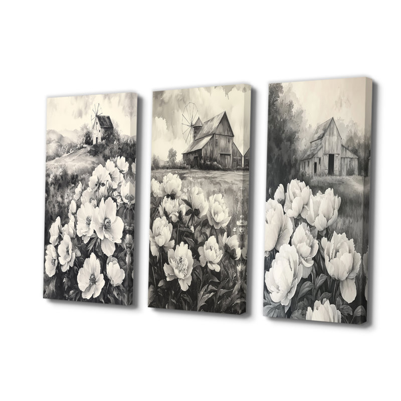 Grandes pivoines monochromes à la ferme I - Collection de grandes impressions sur pivoines dorées, Toile tendue