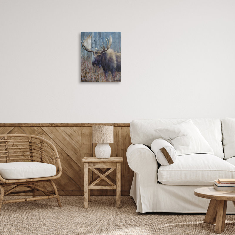Orignal expressif dans une toile de forêt, design par James Corwin, H 20 po x l 16 po