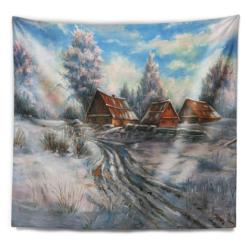 Paysage neige village tapisserie, H 32 po x l 39 po