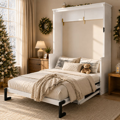Holyfield Architectural White Queen Murphy Bed with Integrated 62" Transformation Desk and 1000N Dual Gas-Strut System