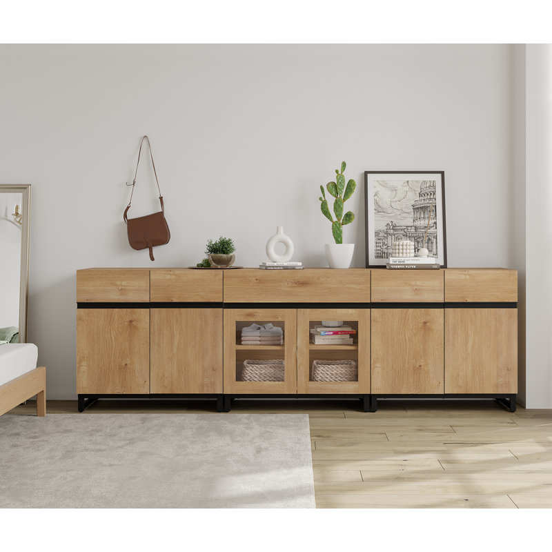 Modern Dresser With Adjustable Shelves And Drawer, 3 In 1 Storage Cabinet With Glass Doors, Chest Of Drawers For Bedroom, Oak