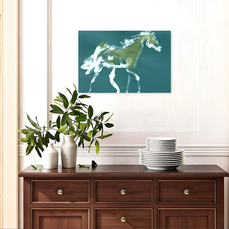 Cheval bleu sarcelle galopant, impression abstraite, cheval moderne, art mural, 16" H x 24" W