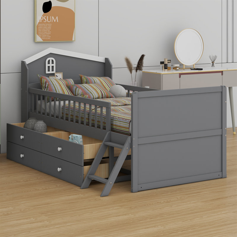 Base de lit en bois avec rangement 4 tiroirs, lit plateforme avec tête de garde-corps et échelle, Gris