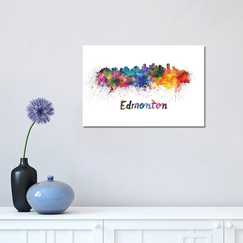 «Edmonton Skyline in Watercolor» par Paul Rommer, impression sur toile tendue, H 12 po x l 18 po x 1,5 po