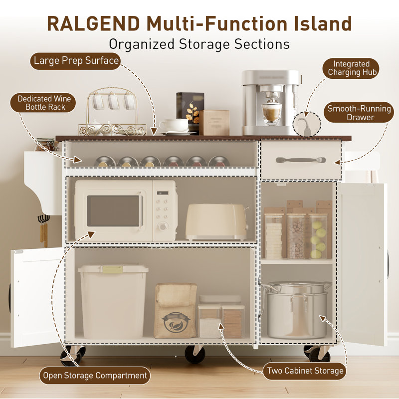 47'' Rolling Kitchen Cart with Microwave Shelf and Power Outlet, Drop Leaf Countertop Storage Island, Table with Drawer & Wine Rack