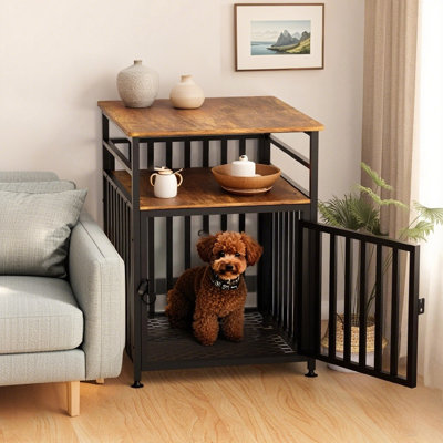 Chew-proof Steel-tube Dog Crate Furniture With Dual Storage & Free Pet Mat - Heavy-duty End Table Kennel For Small Dogs, 20.1" Indoor Pet Cage, Greige Industrial Design
