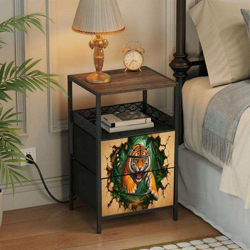 Table de chevet 2 tiroirs avec station de charge, table de chevet pour chambre avec ports USB et amp; Outlets, tablette ouverte noire, table de chevet avec impression féroce rayée noire et noire